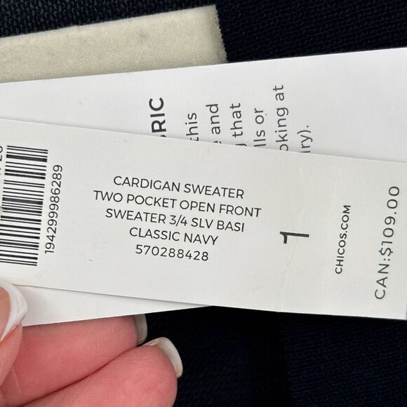 Chico’s Open Front Cardigan Sweater Two Pocket Classic Navy Size 1 Medium - Picture 5 of 9